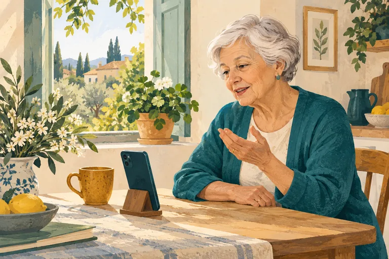 Illustration: Eine ältere Frau spricht an einem sonnigen Küchentisch mit ihrem Smartphone.